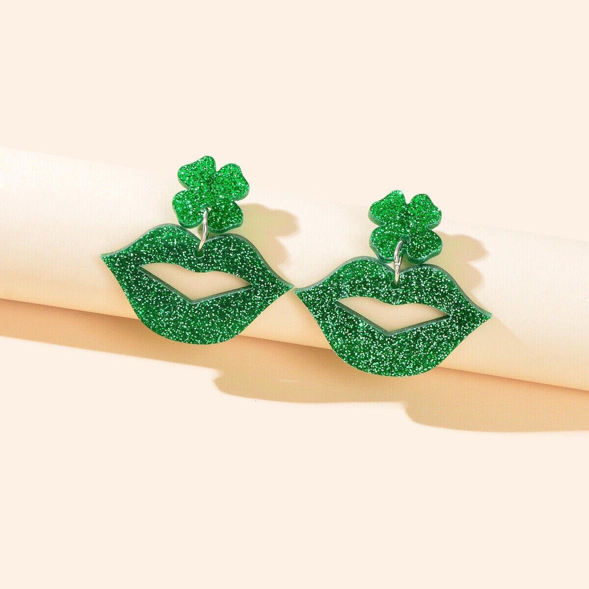 Shining Green Lip Clover Acrylic Earrings