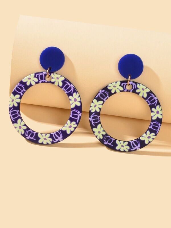 Lovely Blue Purple Flower Print Acrylic Earrings