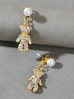 Sparkling Rhinestone Bear with Pearl Metal Dangling Earrings