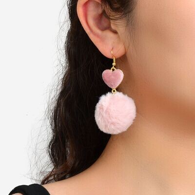 Pink Heart Fluffy Pompom Dangling Earrings