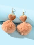 Brown Heart Fluffy Pompom Dangling Earrings