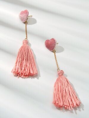Pink Heart Velvet with Tassel Charm Earrings