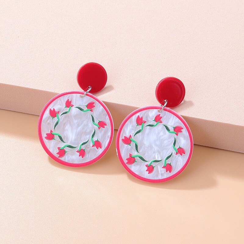 Red Tulips Round Acrylic Earrings