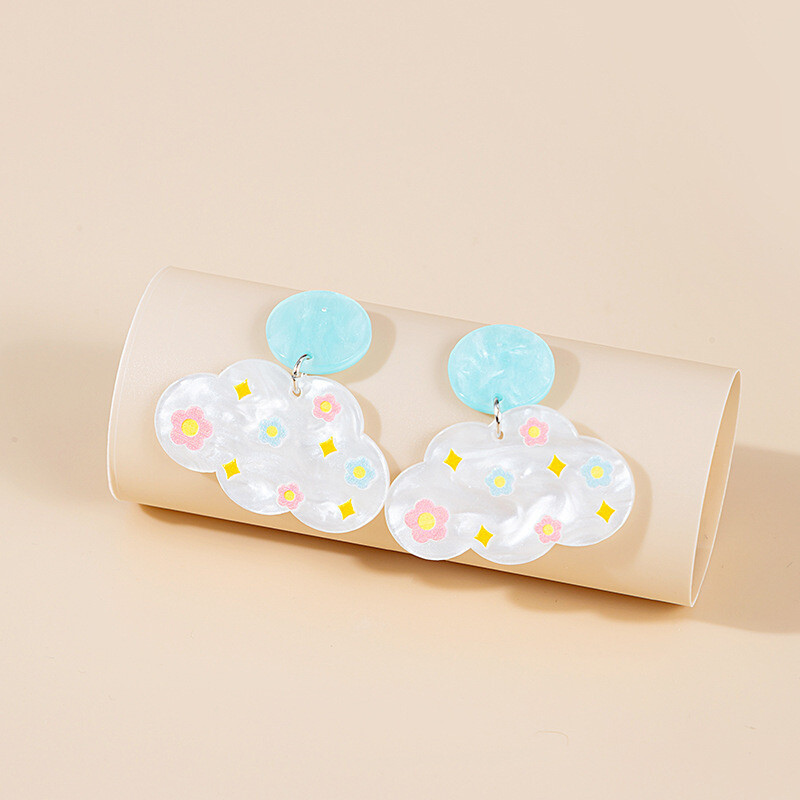 White Clouds with Flowers Acrylic Earrings