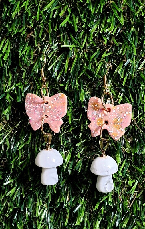 Polymer Clay Ribbon and Genuine Howlite Crystal Mushroom Earrings