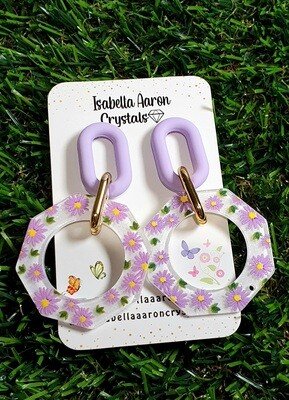 Purple Flowers Hexagon Shaped Acrylic Earrings
