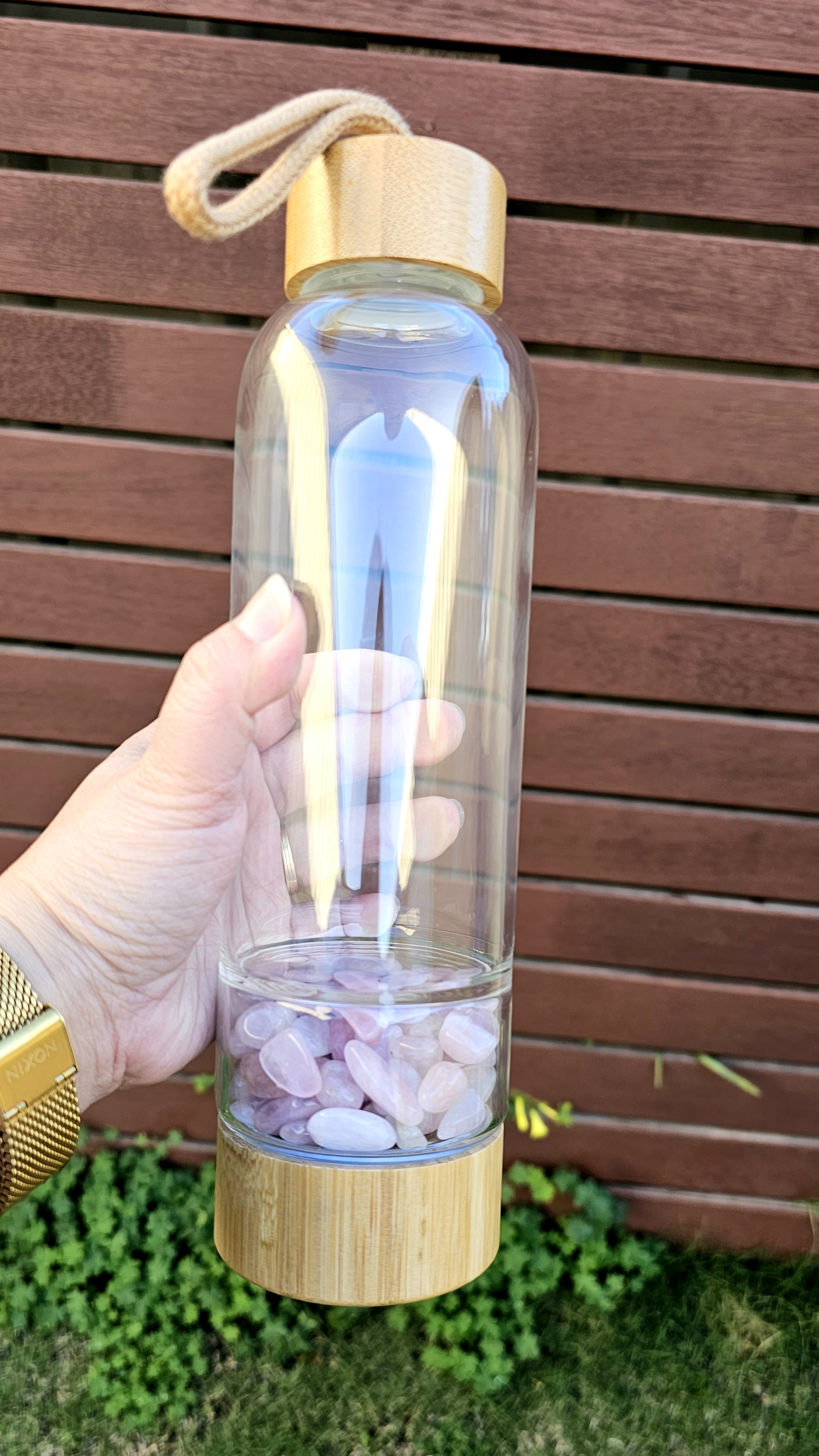 Rose Quartz Crystal Bamboo Glass Water Bottle 480ml