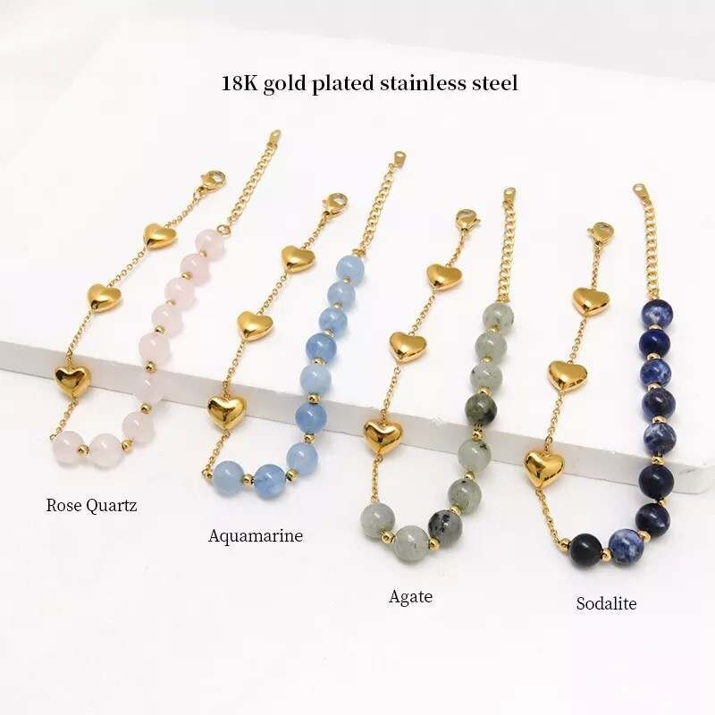 18k Gold Plated Stainless Steel Heart Crystal Bracelet, Crystal: Agate
