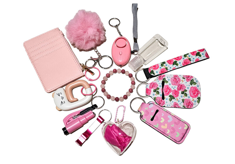 Pink Self Defence Keychain Set with Rhodonite &amp; Rose Quartz Crystal Bracelet