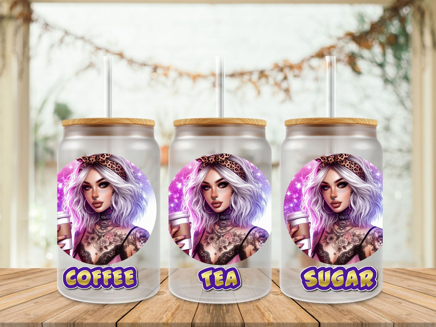 Tattooed Girl With Drink Coffee Tea Sugar