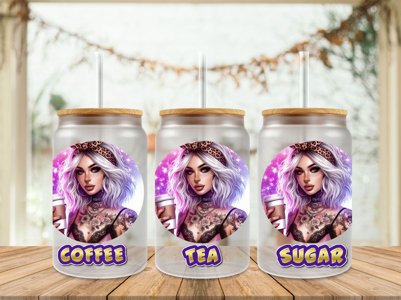 Tattooed Girl With Drink Coffee Tea Sugar