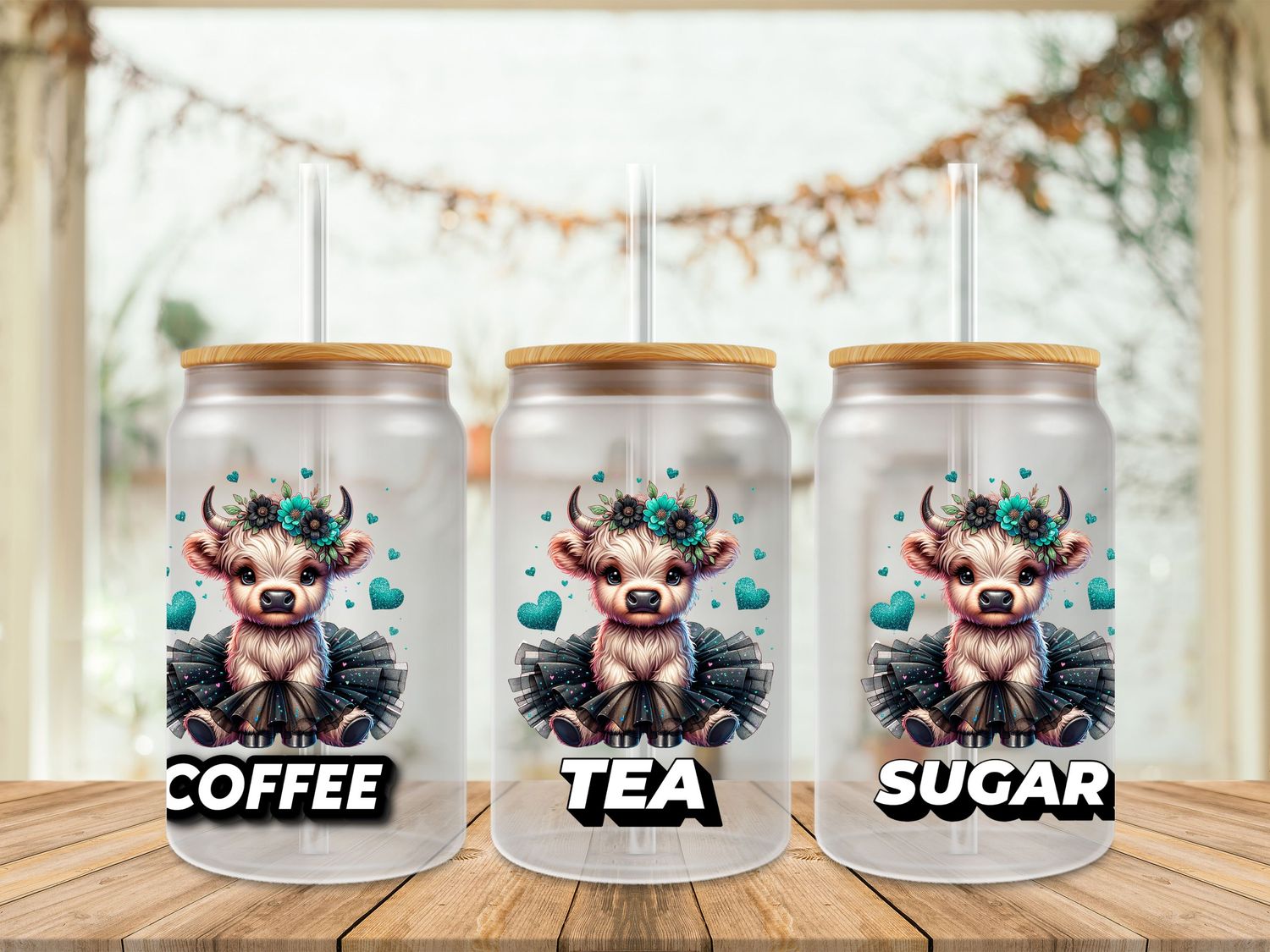Highland Cow With Green Outfit Coffee Tea Sugar