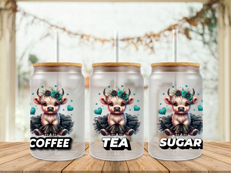 Highland Cow With Green Outfit Coffee Tea Sugar