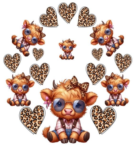Highland Cow Leopard Print Hearts Lid Decals