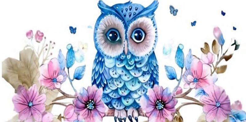 Blue Owl With Pink Flowers