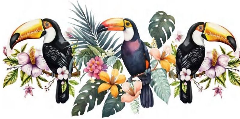 Three Black Birds With Flowers