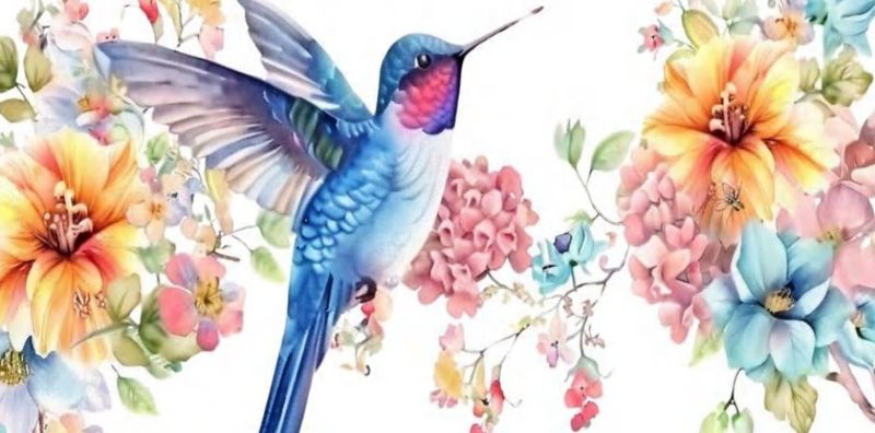 Blue Bird With Colourful Flowers