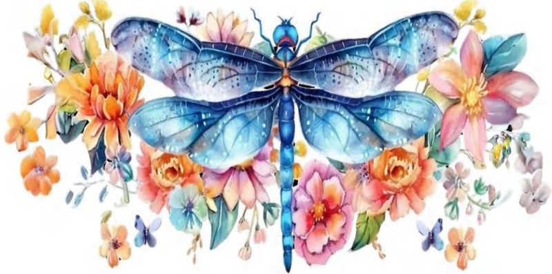Blue Dragonfly With Orange Flowers