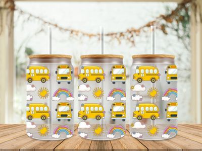 Yellow Bus With Rainbows &amp; Sun