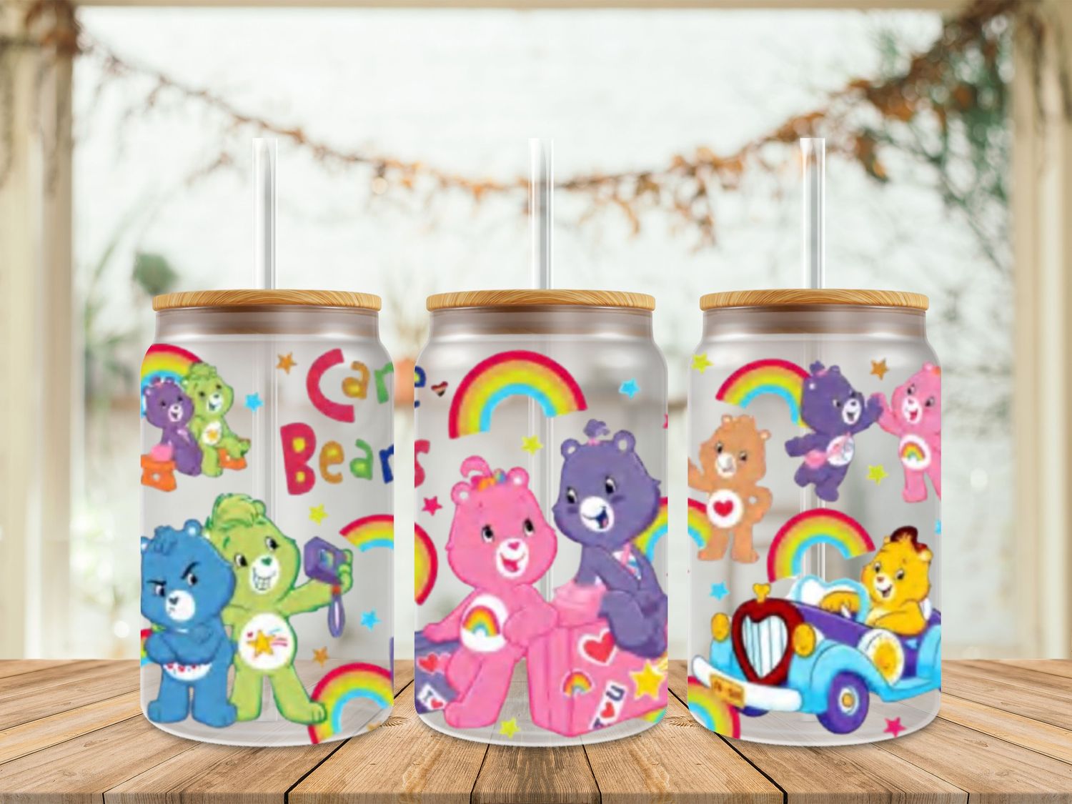 Double Sided Care Bears Sitting On Luggage
