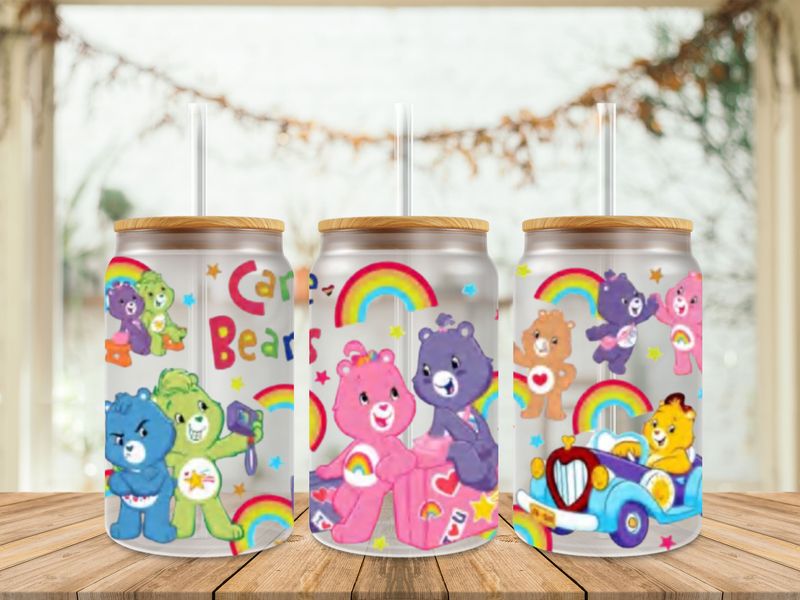 Double Sided Care Bears Sitting On Luggage