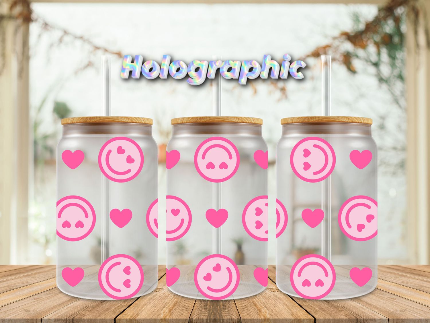Holographic Pink Smileys &amp; Hearts