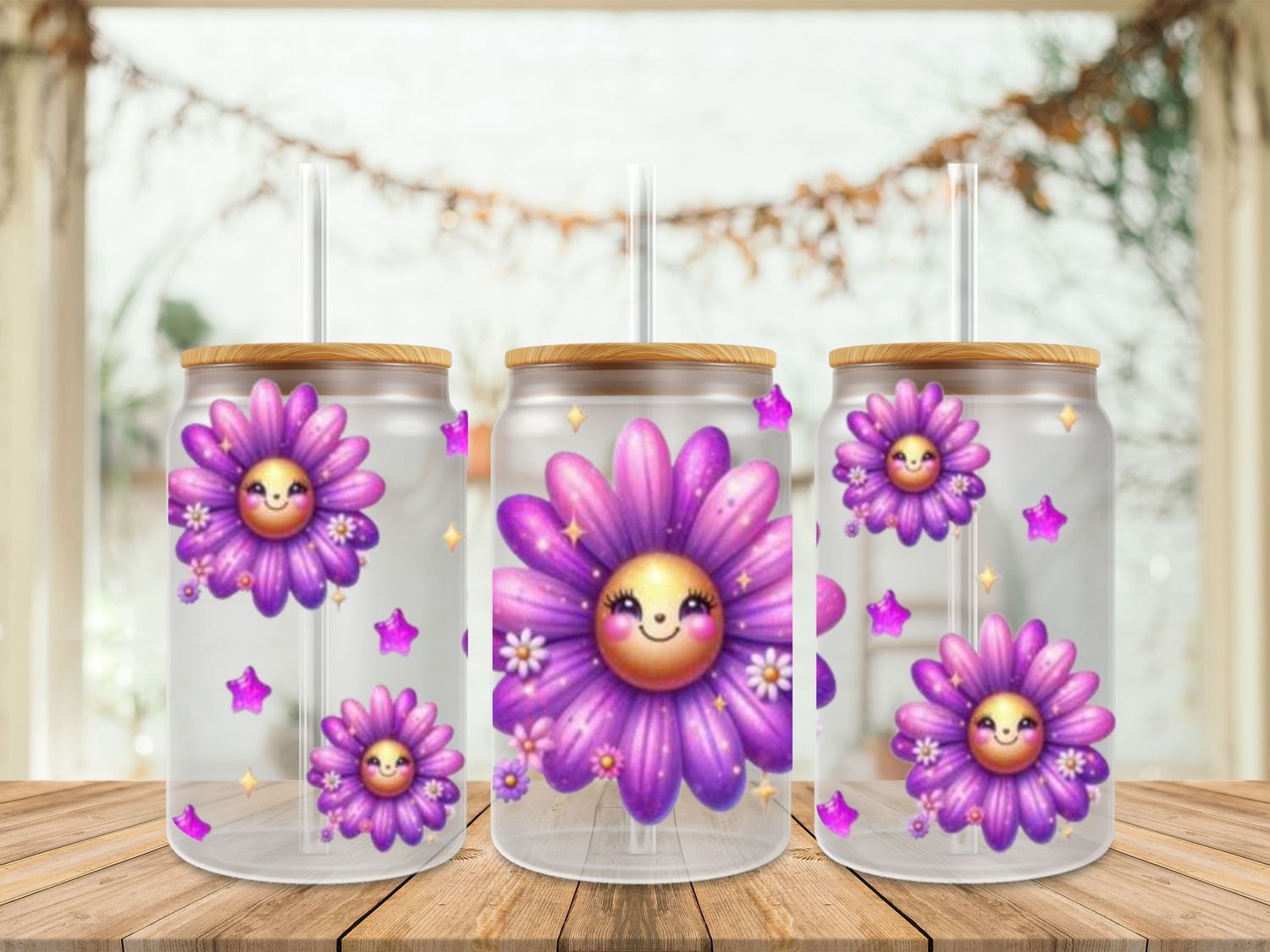 Double Sided Purple Flowers Smiley Face