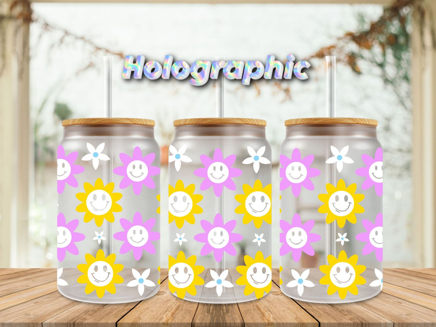Holographic Purple &amp; Yellow Smiley Flowers