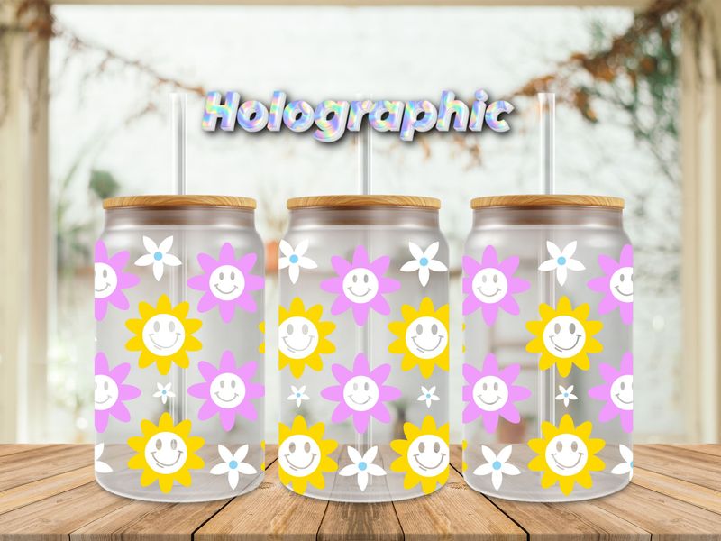 Holographic Purple &amp; Yellow Smiley Flowers