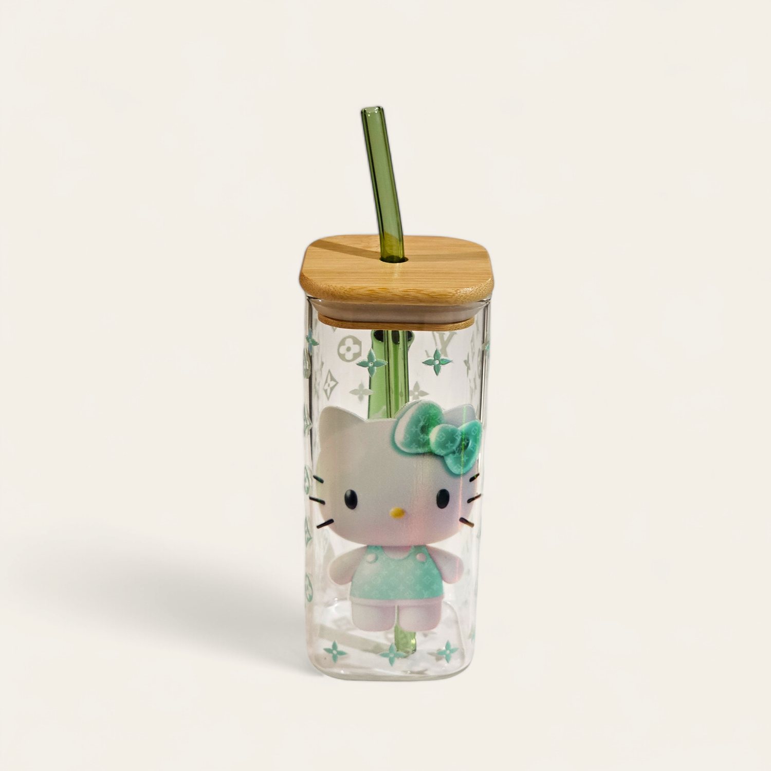 Cute Square Glass Cup With Holographic Hello Kitty