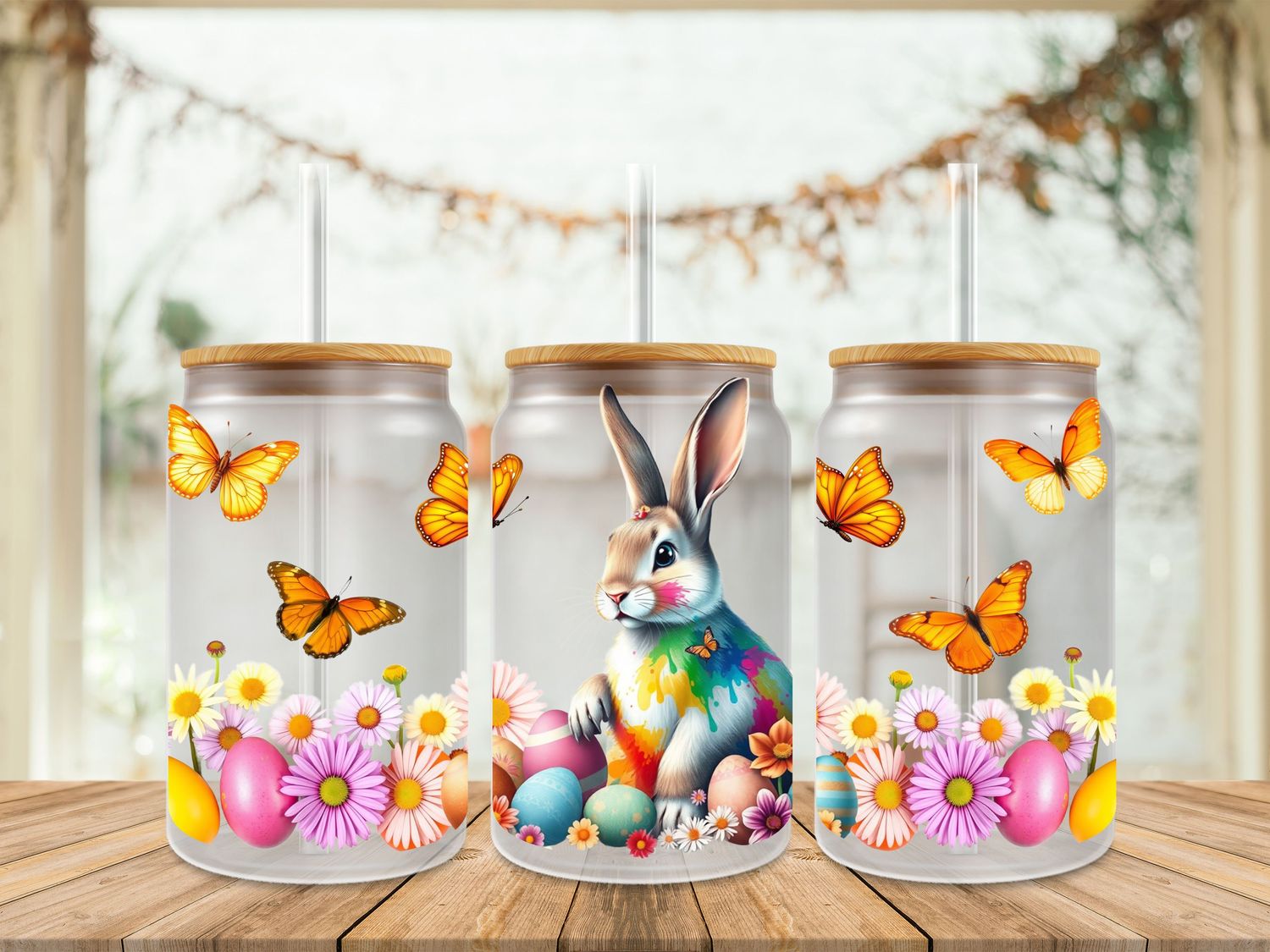 Double Sided Easter Bunny With Orange Butterflies