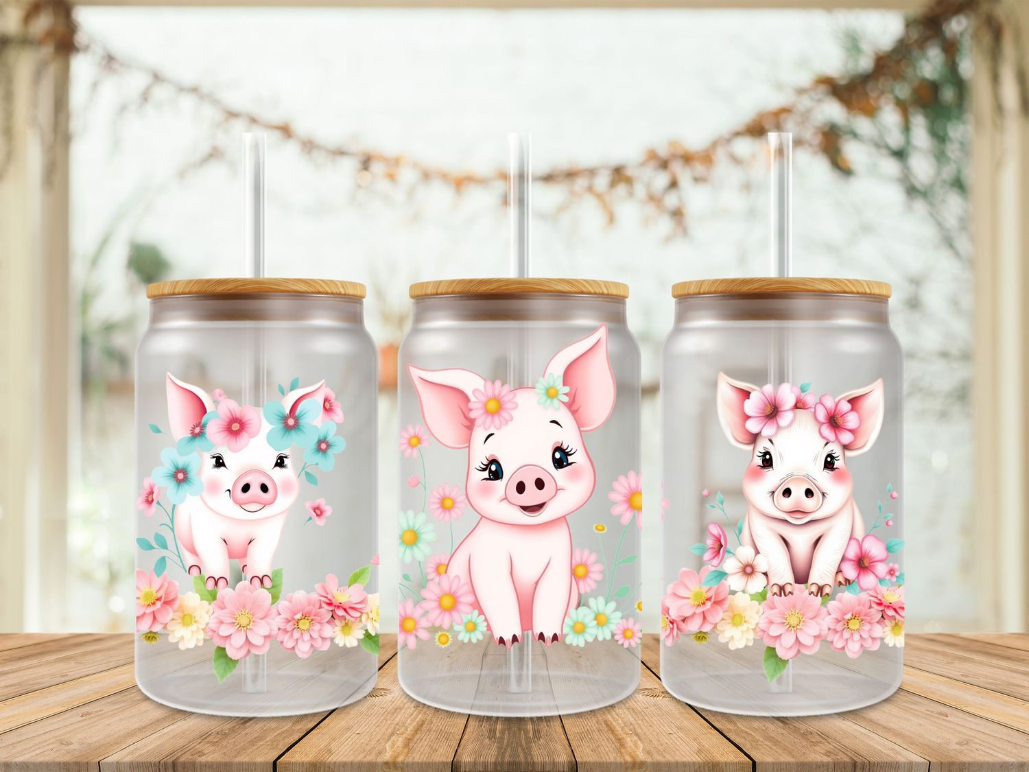 Double Sided Cute Piggys With Flowers