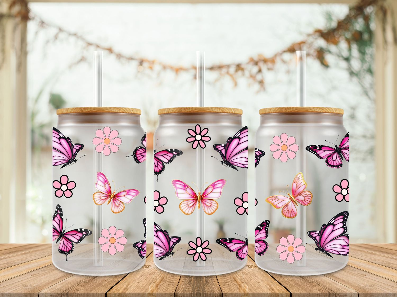 Double Sided Pink Butterfly With Pink Flowers