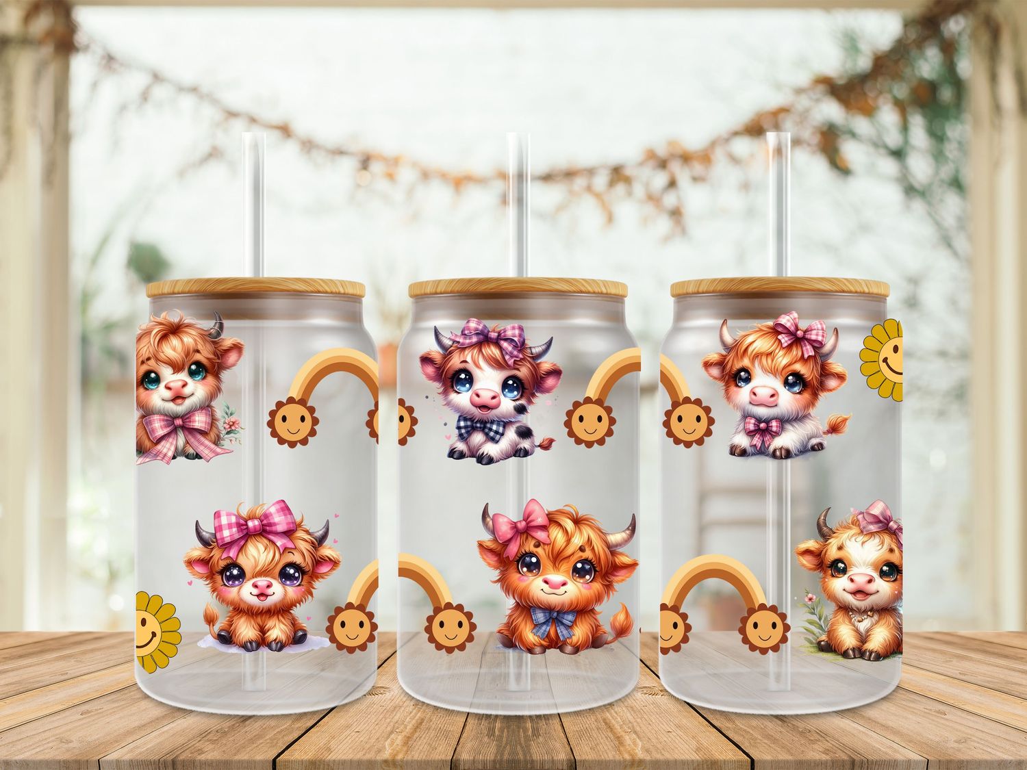 Double Sided Highland Cows With Rainbow Smiley
