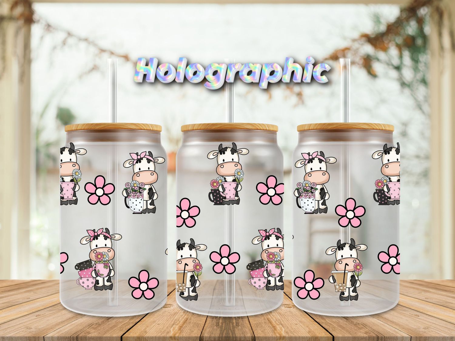 Holographic Cute Cows &amp; Pink Flowers