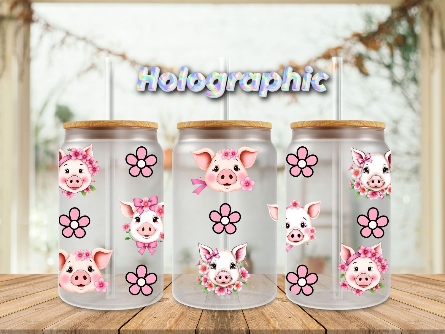 Holographic Pigs With Pink Flowers