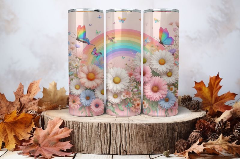 20oz Skinny Sublimation Tumbler Wrap Print - Flowers With Rainbow &amp; Butterflies