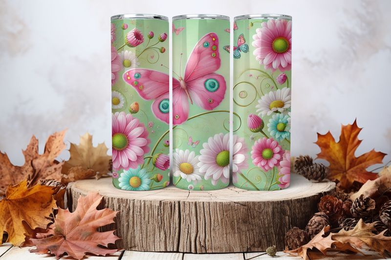 20oz Skinny Sublimation Tumbler Wrap Print - Pink Butterfly With Flowers