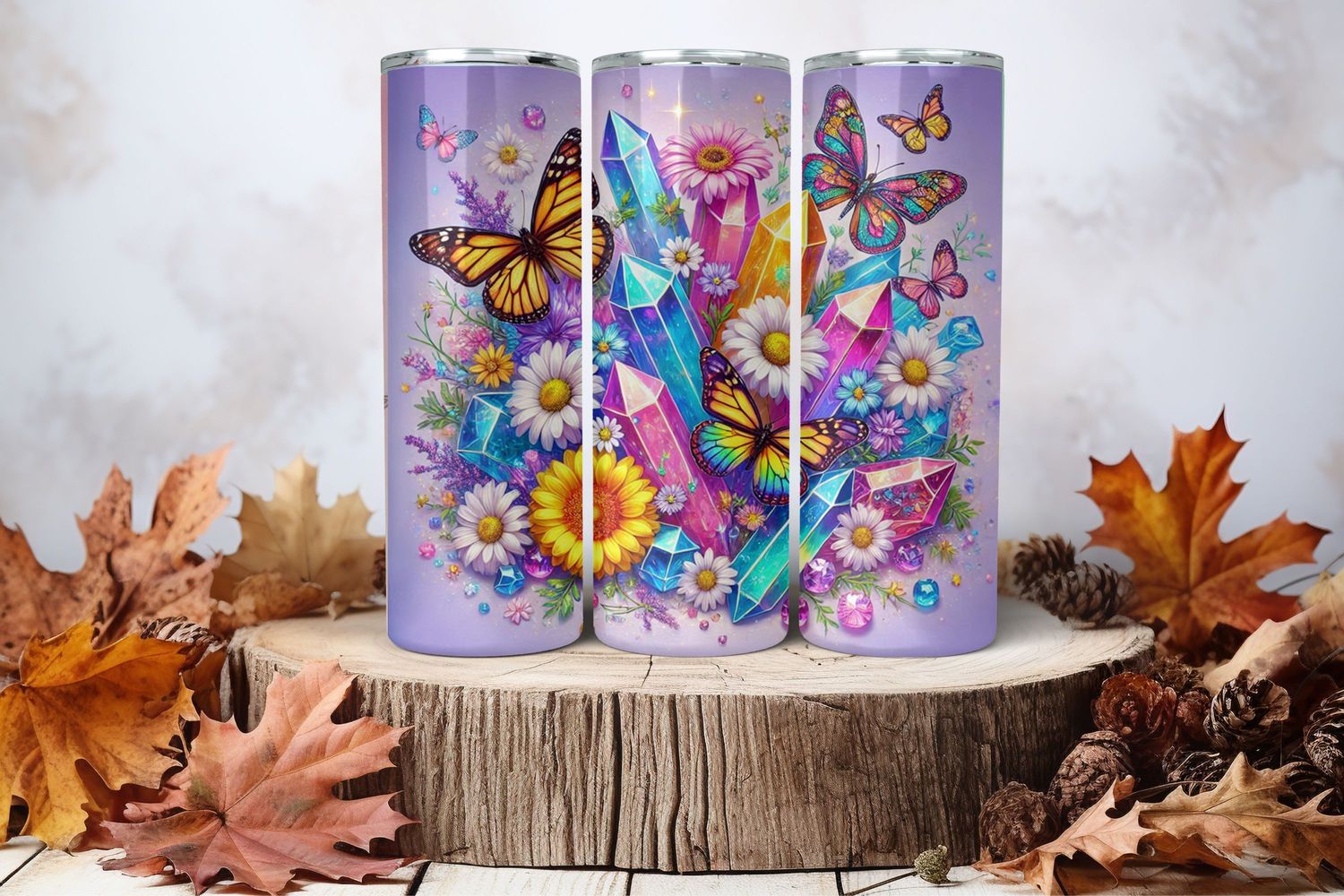 20oz Skinny Sublimation Tumbler Wrap Print - Crystals, Flowers, &amp; Butterflies Purple