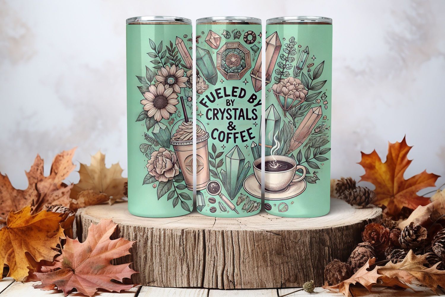 20oz Skinny Sublimation Tumbler Wrap Print - Crystals Coffee Green