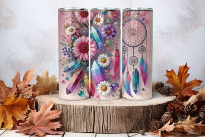 20oz Skinny Sublimation Tumbler Wrap Print - Crystals &amp; Dreamcatcher Pink