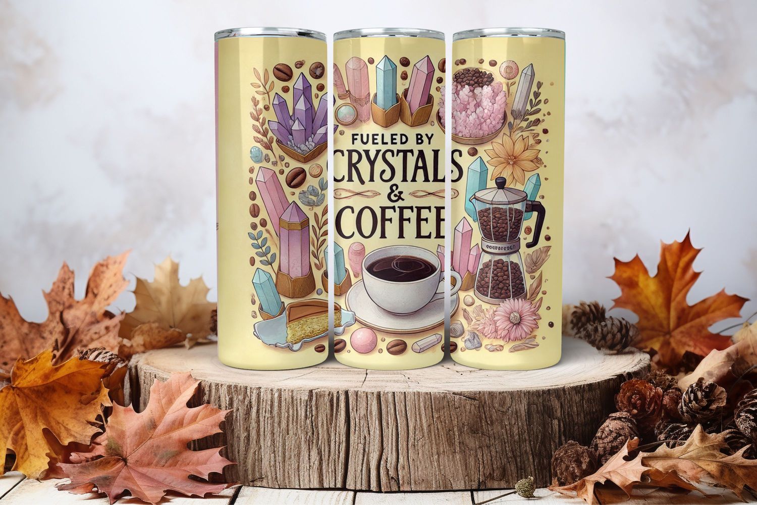20oz Skinny Sublimation Tumbler Wrap Print - Crystals Coffee Yellow