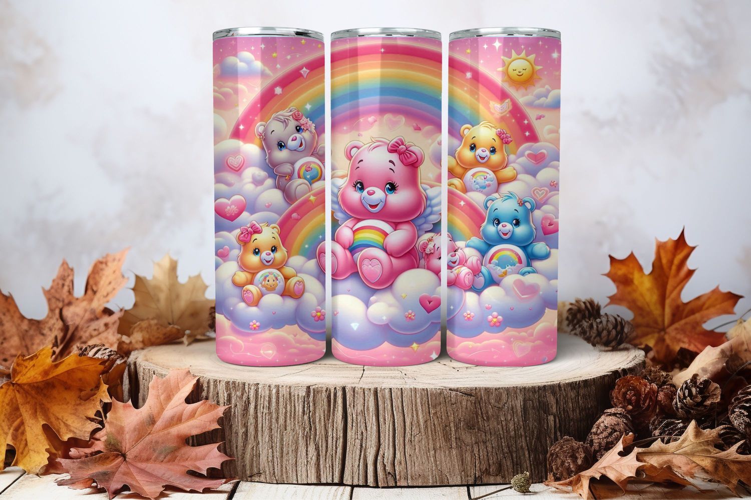20oz Skinny Sublimation Tumbler Wrap Print - Cute Bears With Rainbow