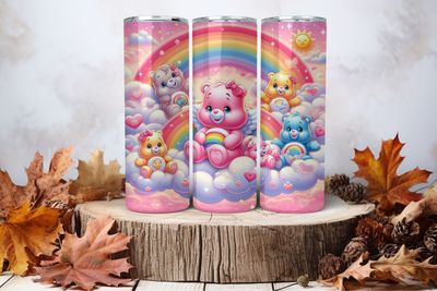 20oz Skinny Sublimation Tumbler Wrap Print - Cute Bears With Rainbow