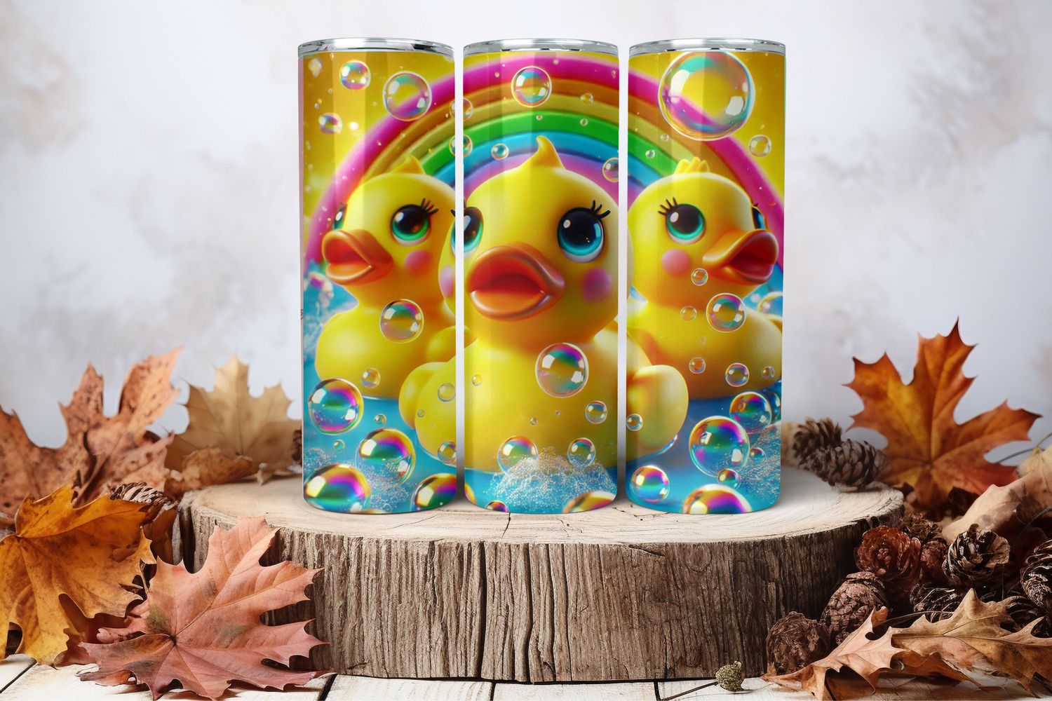 20oz Skinny Sublimation Tumbler Wrap Print - Three Ducks With Rainbow
