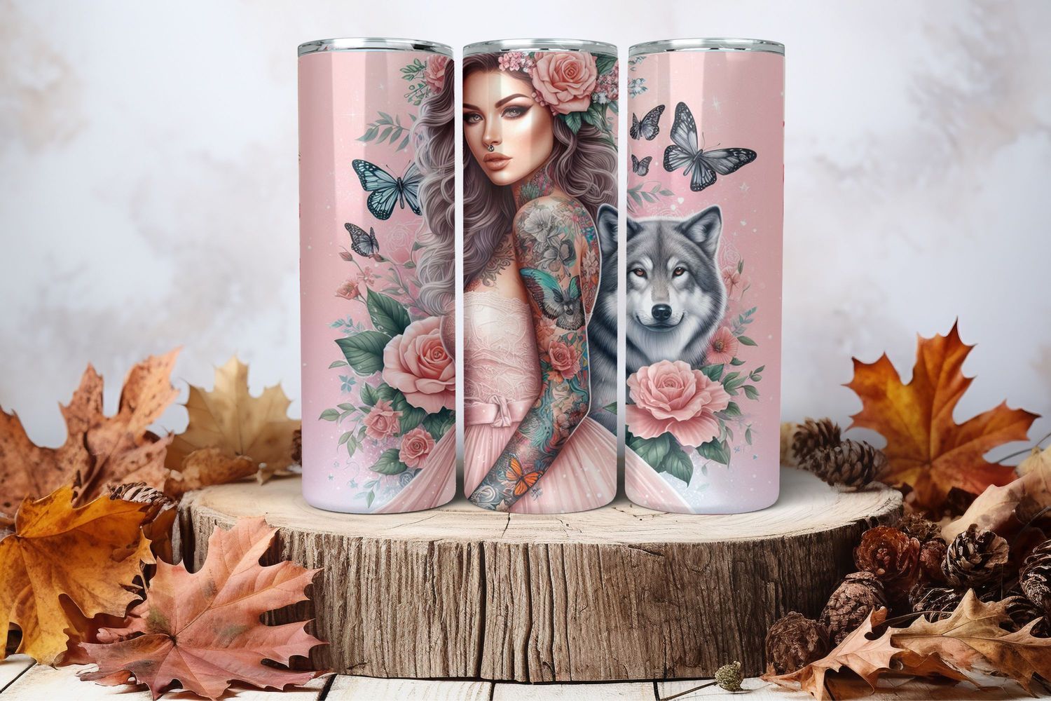 20oz Skinny Sublimation Tumbler Wrap Print - Tattooed Girl With Wolf