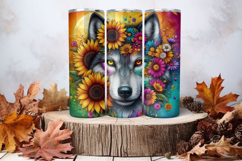 20oz Skinny Sublimation Tumbler Wrap Print - Wolf Colourful