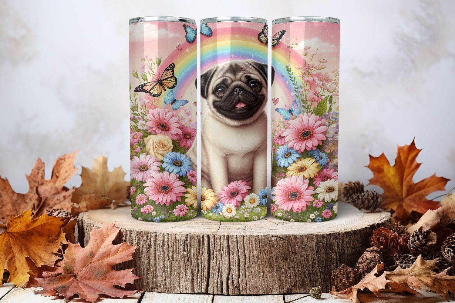 20oz Skinny Sublimation Tumbler Wrap Print - Pug With Flowers