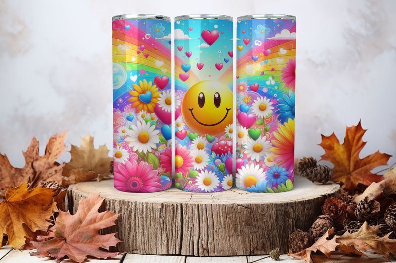 20oz Skinny Sublimation Tumbler Wrap Print - Smiley Colourful With Rainbow
