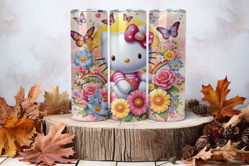 20oz Skinny Sublimation Tumbler Wrap Print - Hello Kitty With Flowers Yellow
